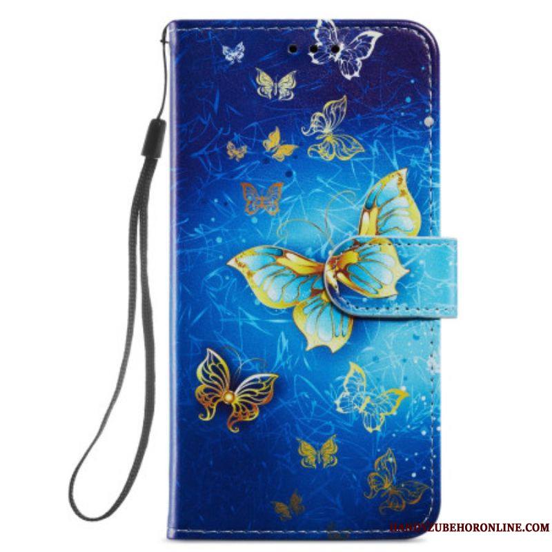 Housse Samsung Galaxy A54 5G Papillons Dorés à Lanière