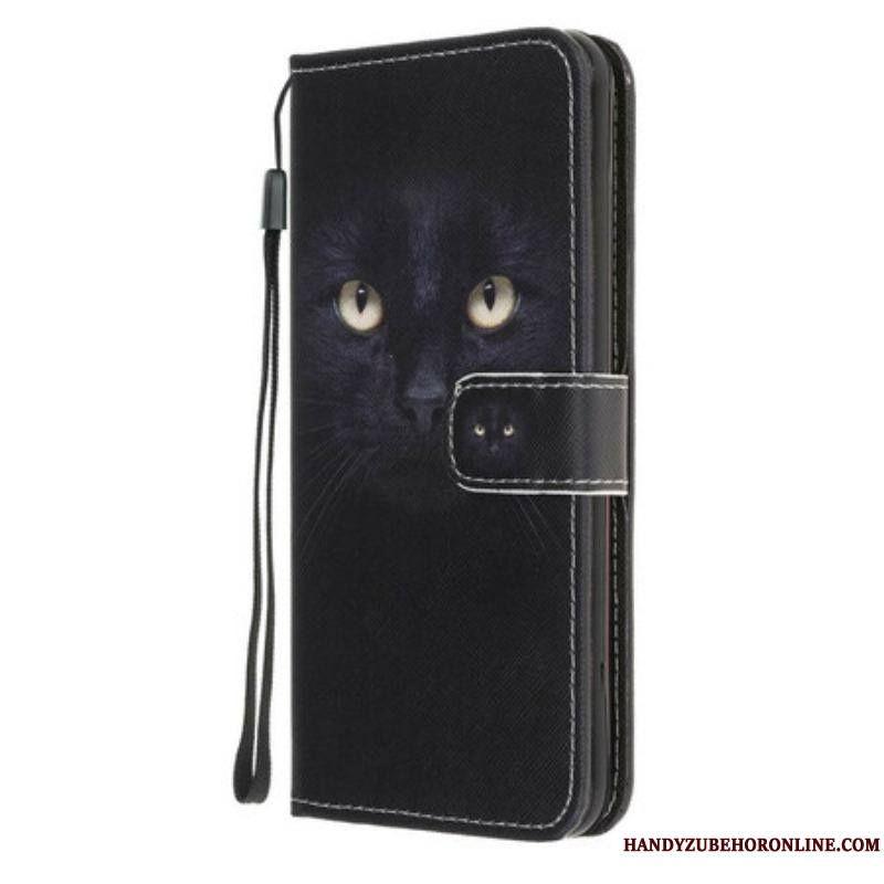 Housse Samsung Galaxy M21 Yeux de Chat Noir à Lanière