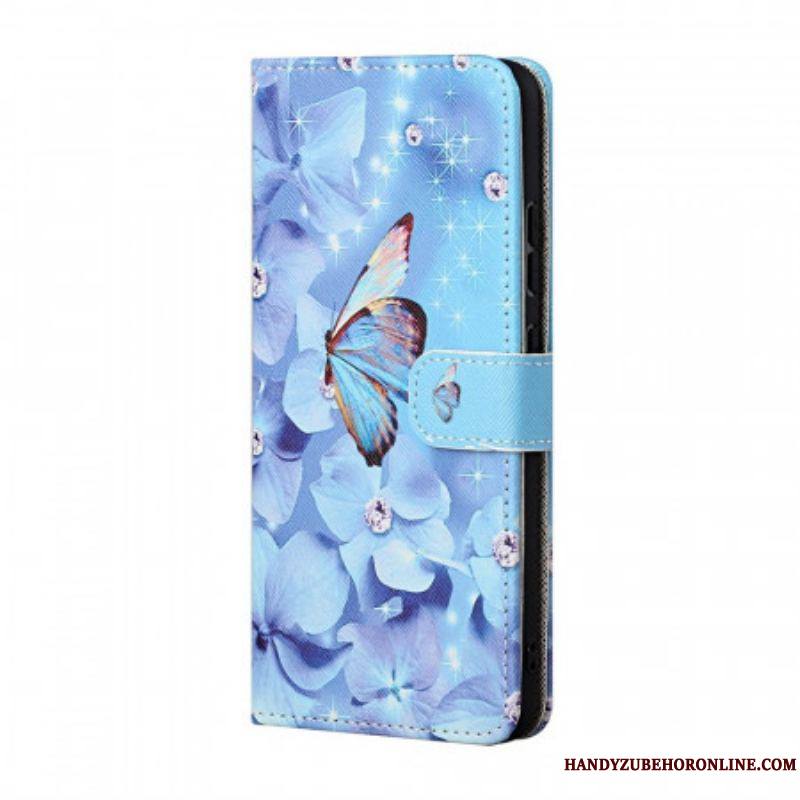 Housse Samsung Galaxy M23 5G Papillons Diamants à Lanière