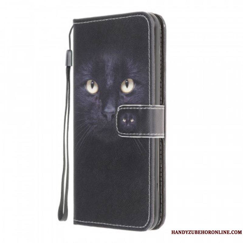 Housse Samsung Galaxy M32 Yeux de Chat Noir à Lanière
