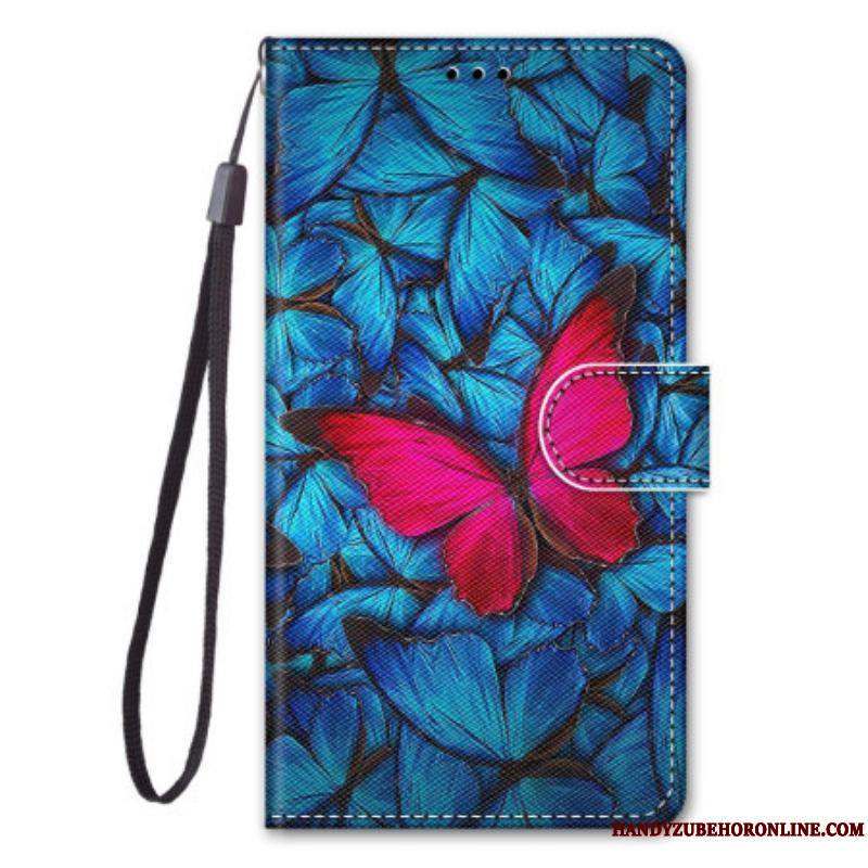 Housse Sony Xperia 5 IV Papillon Rouge Sur Fond Bleu