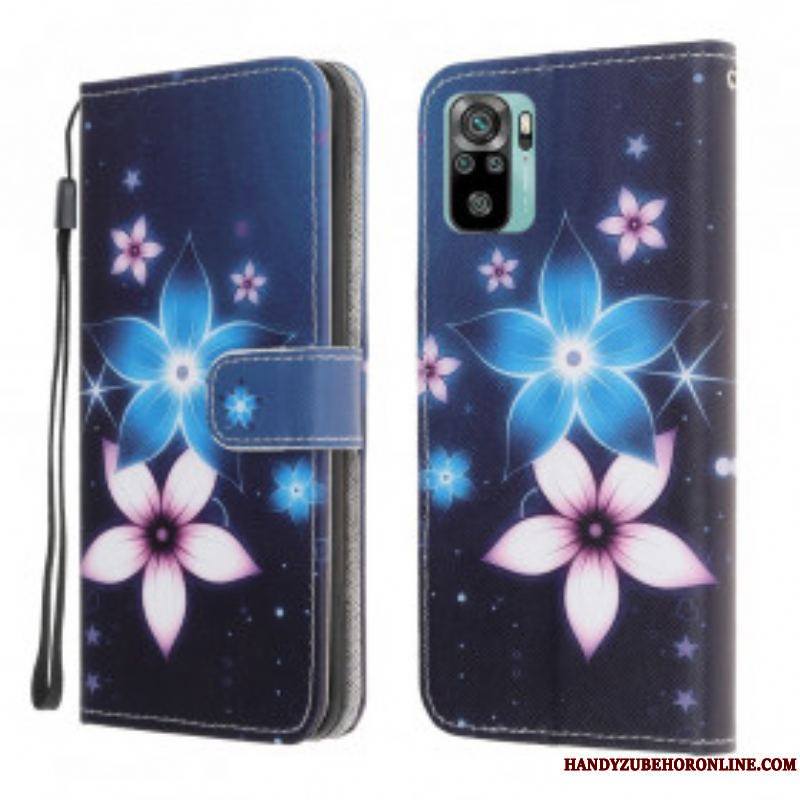 Housse Xiaomi Redmi Note 10/10S/Poco M5s Fleurs Lunaires à Lanière