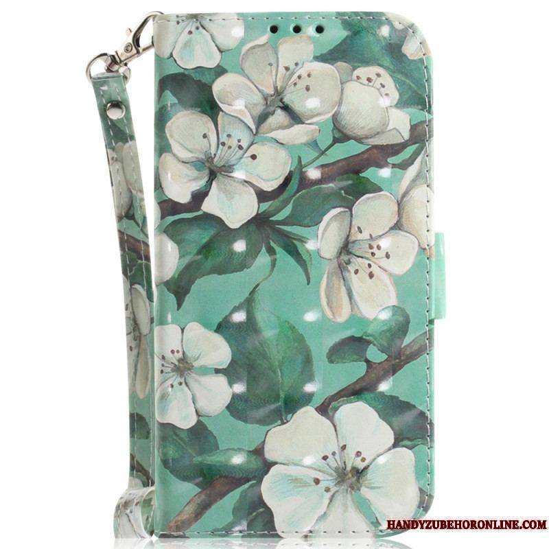 Housse iPhone 15 Plus Fleurs Blanches à Lanière