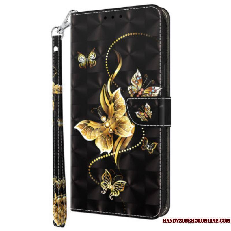 Housse iPhone 15 Pro Papillons Dorés à Lanière