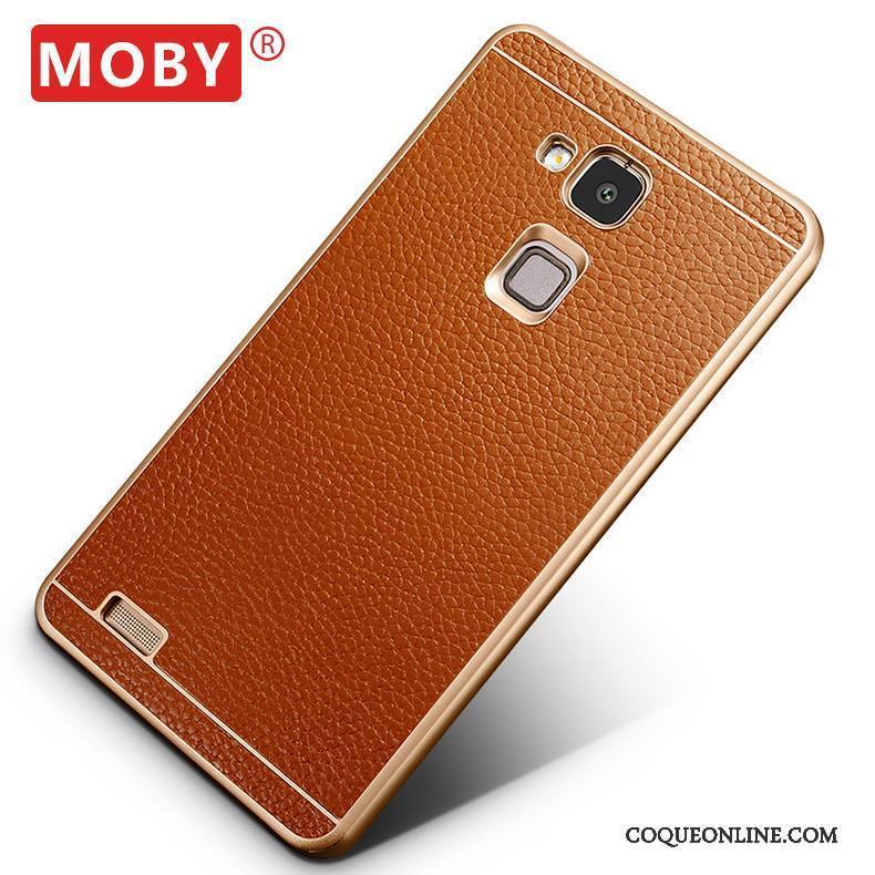 Huawei Ascend Mate 7 Étui Border Métal Marron Coque Étui En Cuir Incassable