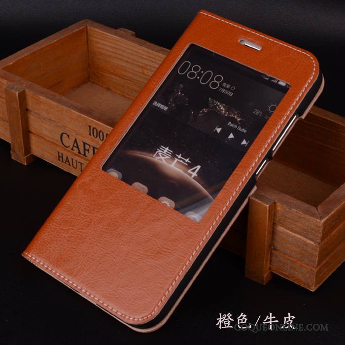 Huawei G7 Plus Clamshell Étui En Cuir Dormance Cuir Véritable Orange Coque De Téléphone Téléphone Portable