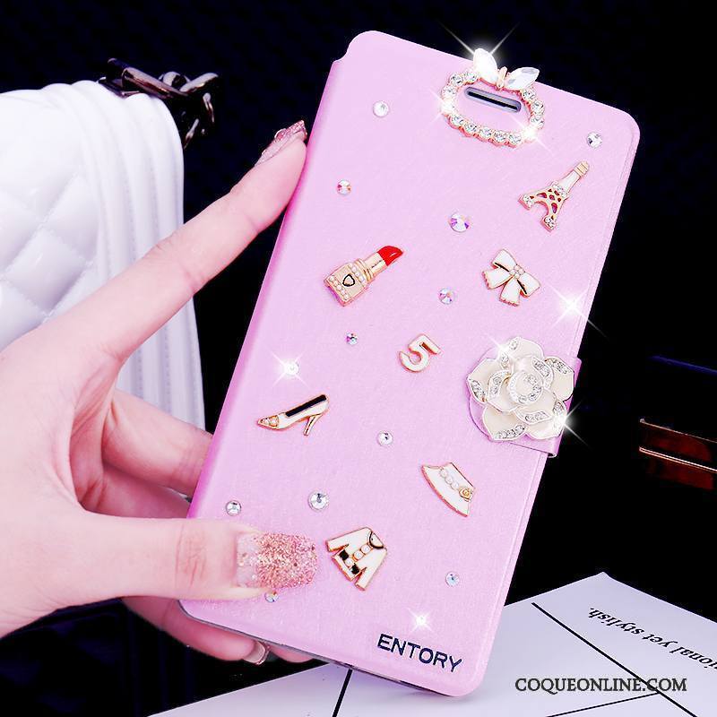 Huawei G9 Plus Étui En Cuir Clamshell Rose Incassable Incruster Strass Coque De Téléphone