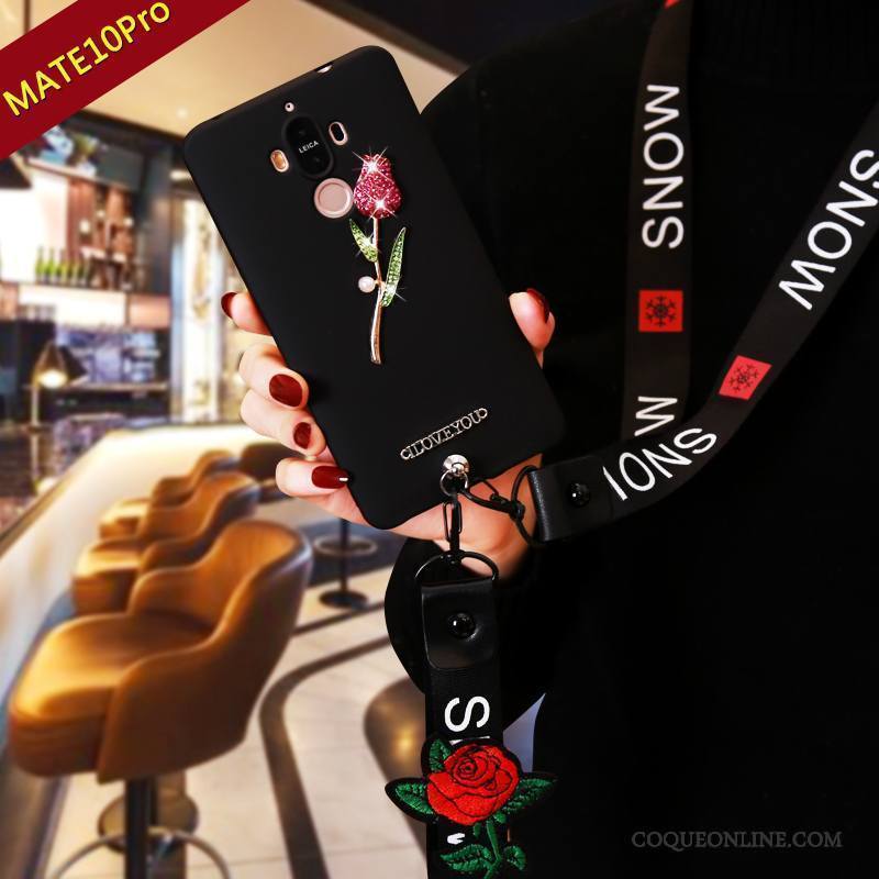 Huawei Mate 10 Pro Coque De Téléphone Noir Strass Silicone Incassable Rose Fluide Doux