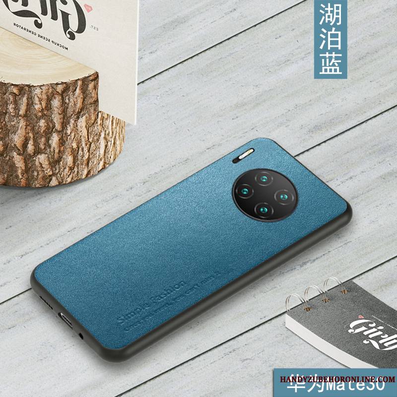 Huawei Mate 30 Cuir Coque De Téléphone Incassable Cuir Haut Tout Compris Cuir Véritable Bleu