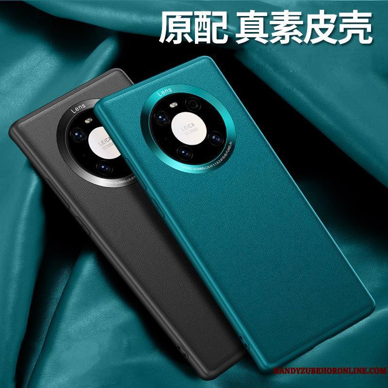 Huawei Mate 40 Coque Cuir Cuir Véritable Protection Tout Compris Vert Étui En Cuir Incassable