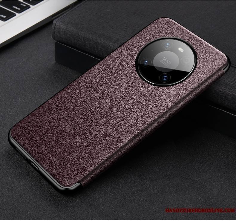 Huawei Mate 40 Pro Coque Marron Légère Clamshell Protection Cuir Véritable Étui En Cuir Tout Compris