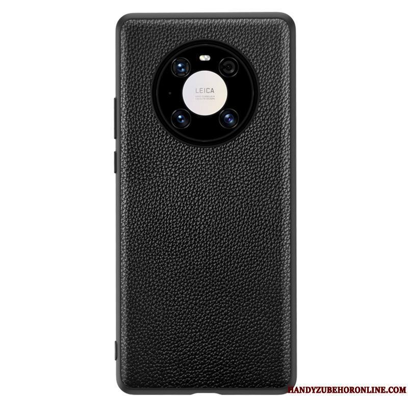 Huawei Mate 40 Pro Cuir Haut Cuir Véritable Net Rouge Coque De Téléphone Étui En Cuir Protection Noir