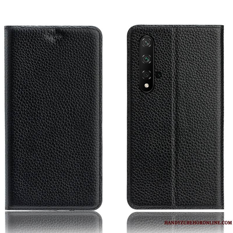Huawei Nova 5t Coque De Téléphone Tout Compris Protection Noir Cuir Véritable Litchi Modèle Fleurie