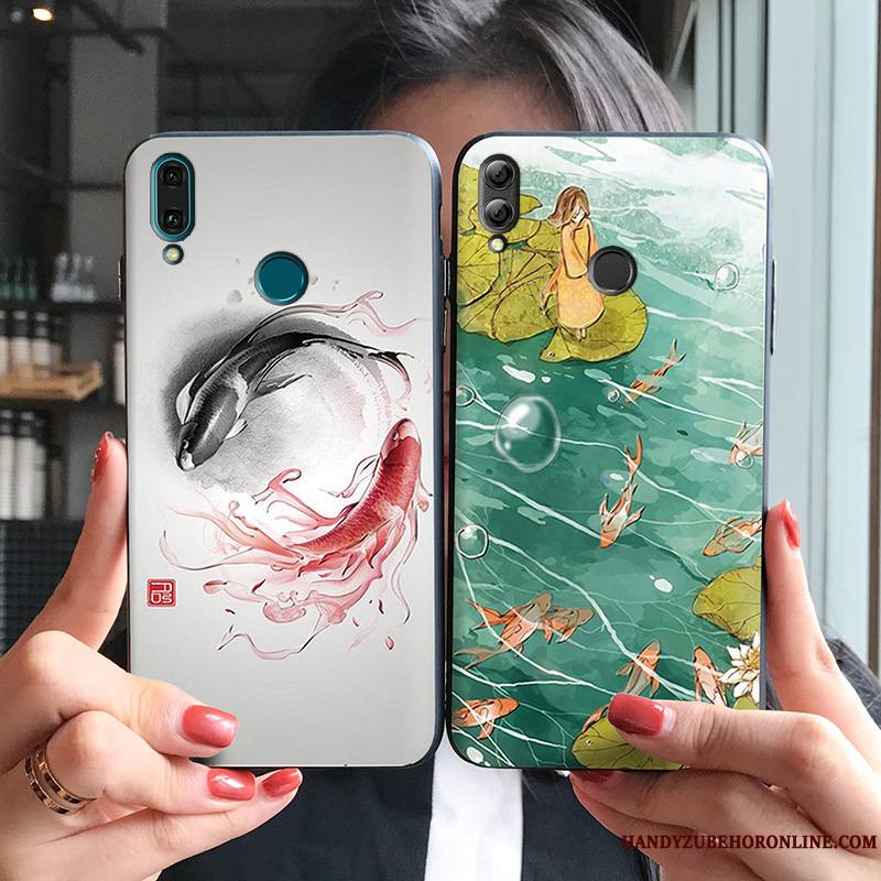 Huawei P Smart+ 2019 Coque Personnalité Protection Style Chinois Délavé En Daim Étui Vintage Incassable