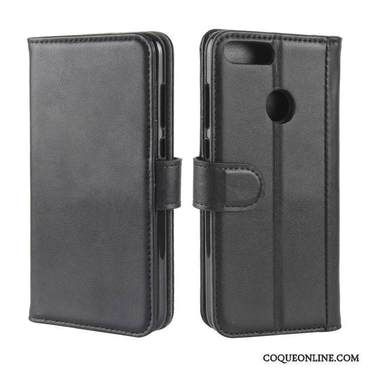 Huawei P Smart Coque Protection Cuir Véritable Portefeuille Carte Noir Téléphone Portable