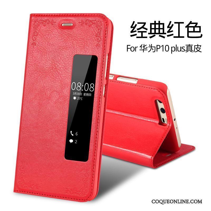 Huawei P10 Plus Coque De Téléphone Tout Compris Étui En Cuir Cuir Véritable Housse Rouge Protection