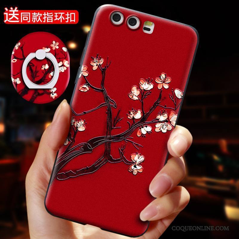 Huawei P10 Plus Coque Incassable Étui Rouge Gaufrage Tendance Protection Fluide Doux