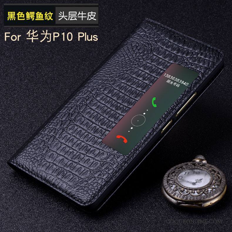 Huawei P10 Plus Coque Téléphone Portable Étui Noir Protection Dormance Cuir Véritable Étui En Cuir
