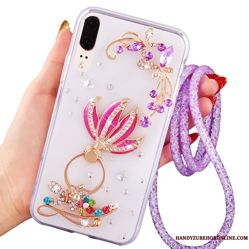 Huawei P20 Strass Ornements Suspendus Bordure Fluide Doux Étui Transparent Coque De Téléphone