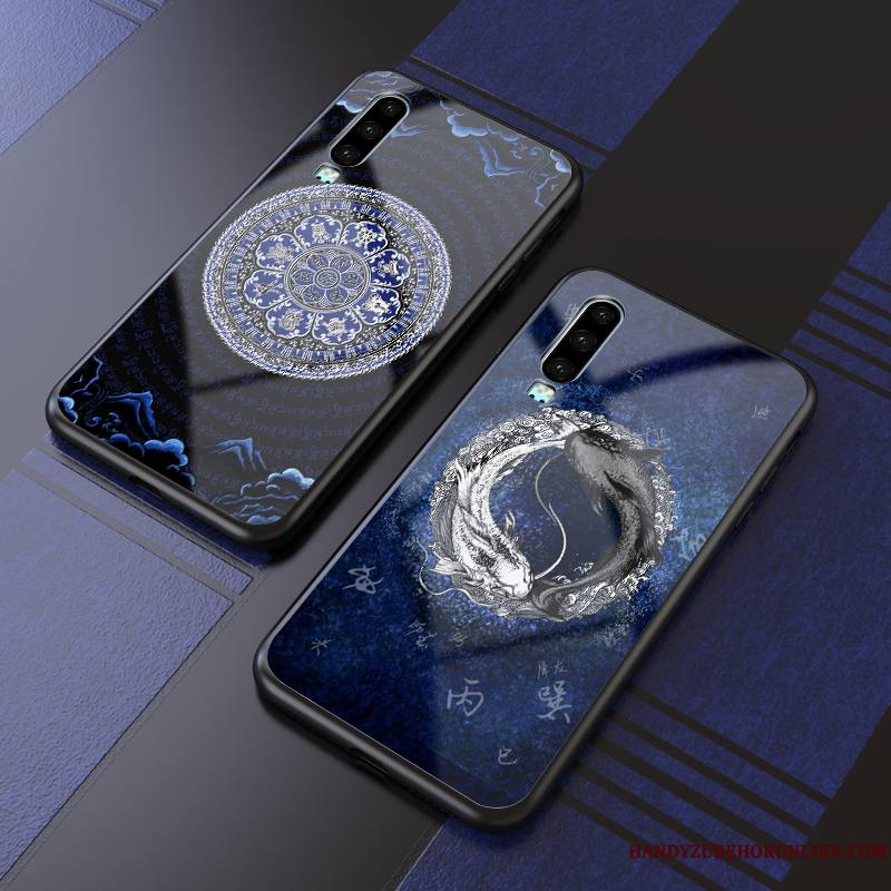 Huawei P30 Coque Bleu Marin Personnalité Légère Net Rouge Verre Créatif Marque De Tendance