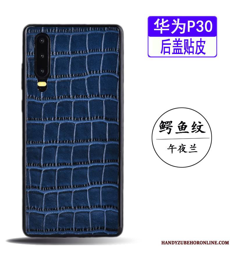 Huawei P30 Coque De Téléphone Membrane Très Mince Bovins Bleu Simple Cuir