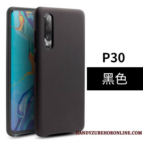 Huawei P30 Couvercle Arrière Noir Cuir Véritable Simple Coque De Téléphone Protection