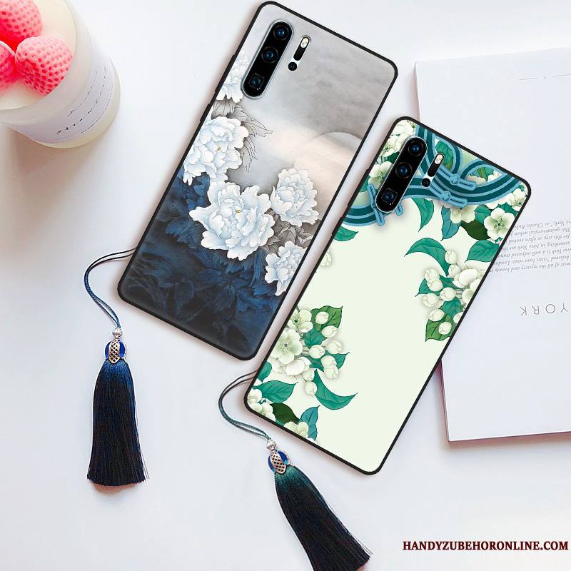 Huawei P30 Pro Coque Jeunesse Fleur Étui Incassable Protection Délavé En Daim Bleu