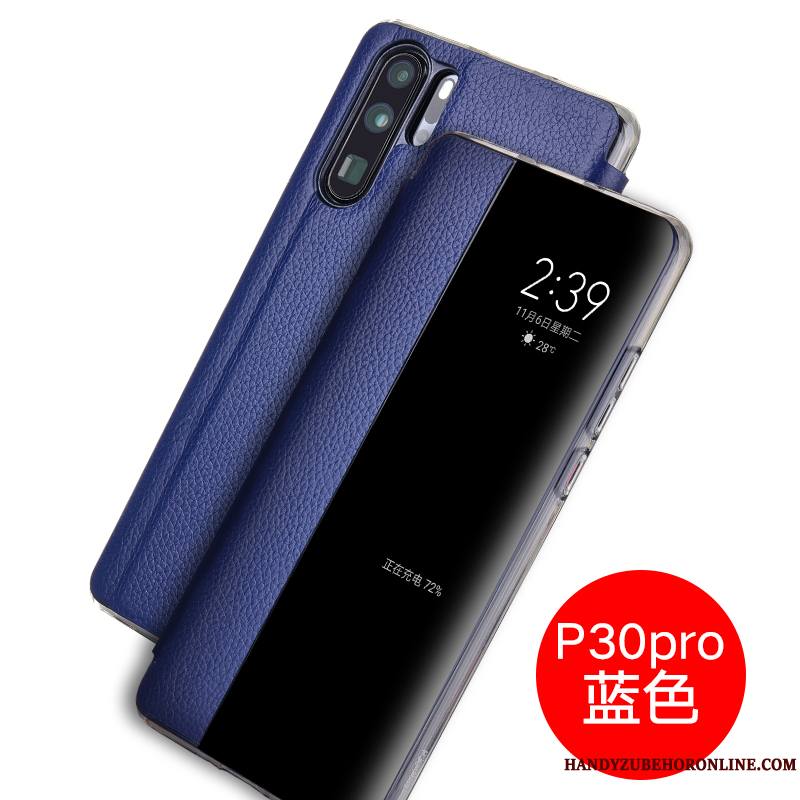 Huawei P30 Pro Étui Étui En Cuir Cuir Véritable Téléphone Portable Bleu Protection Coque De Téléphone