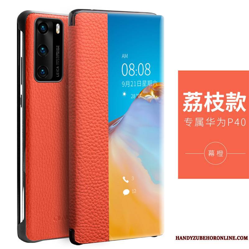 Huawei P40 Incassable Nouveau Très Mince Protection Cuir Véritable Coque De Téléphone Windows