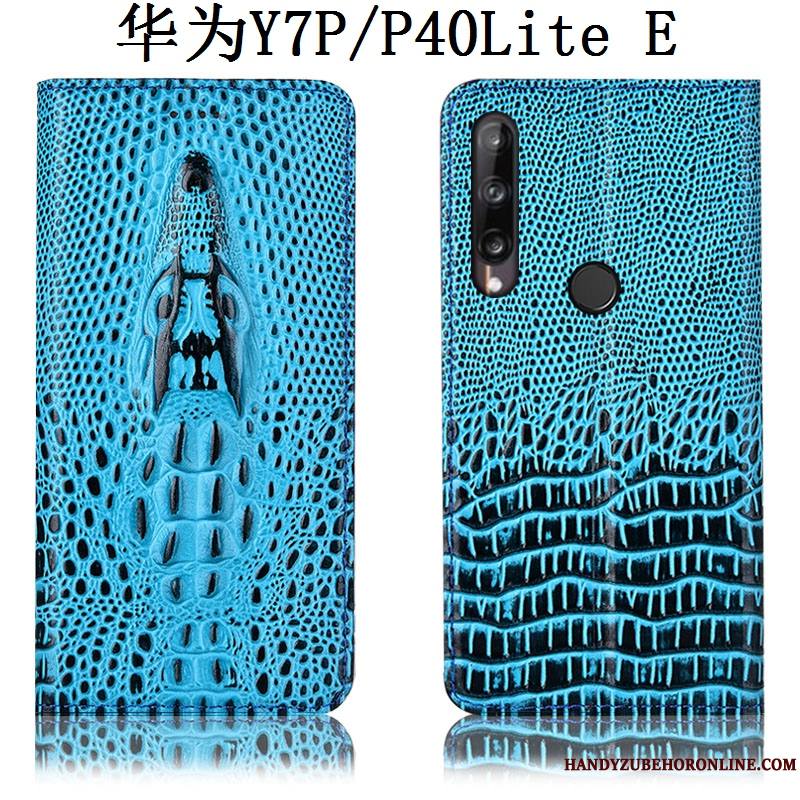 Huawei P40 Lite E Coque Tout Compris Étui Incassable Protection Cuir Véritable Bleu Crocodile