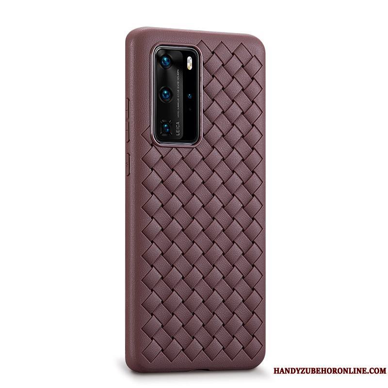 Huawei P40 Pro Coque Cuir Véritable Qualité Tissage Personnalité Téléphone Portable Violet Fluide Doux