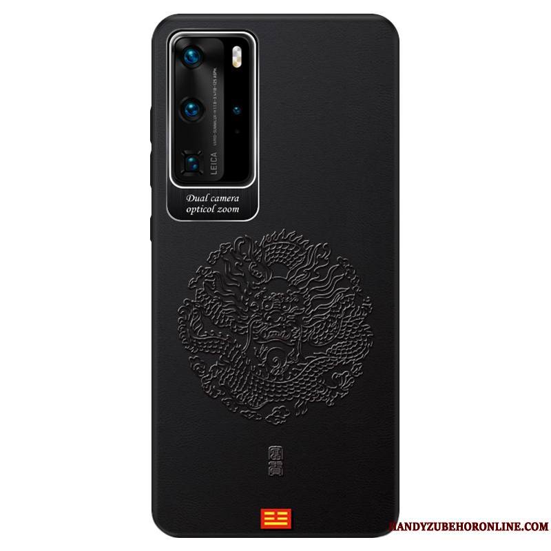 Huawei P40 Pro Coque Gaufrage Cuir Business Noir Luxe Modèle Fleurie Style Chinois