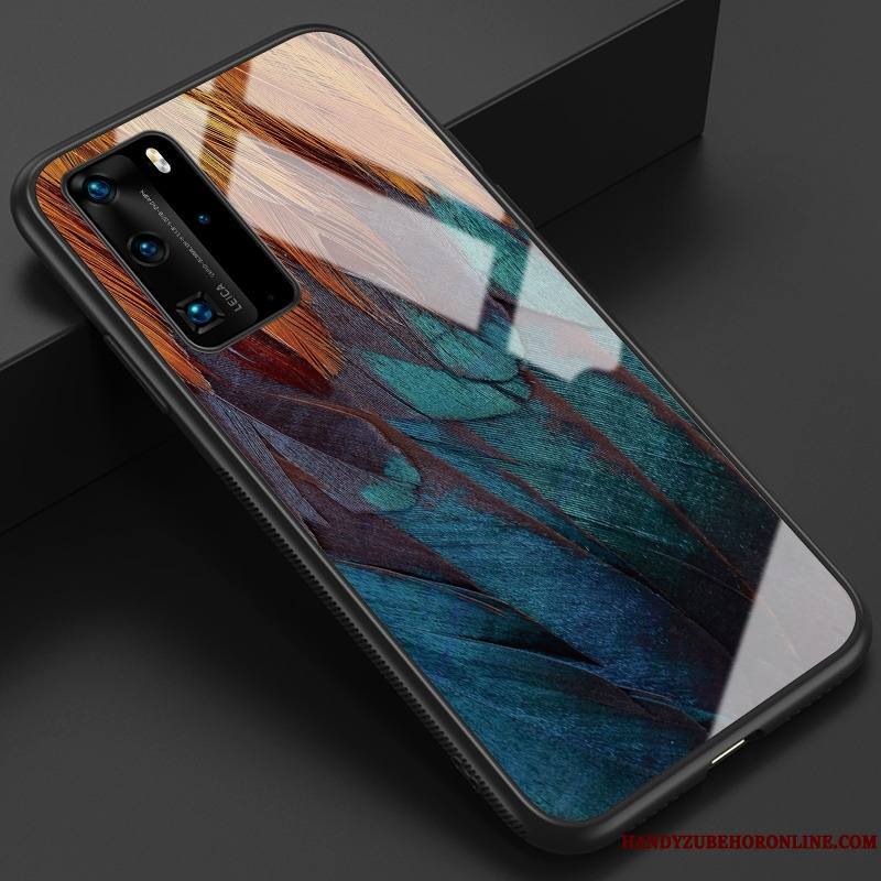 Huawei P40 Pro Coque Multicolore Étui Miroir Verre Plume Protection Net Rouge