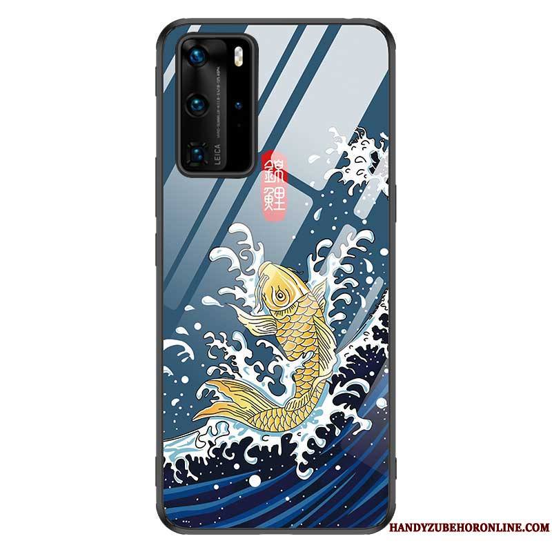 Huawei P40 Pro Coque Verre Mode Luxe Style Chinois Silicone Bleu Vintage