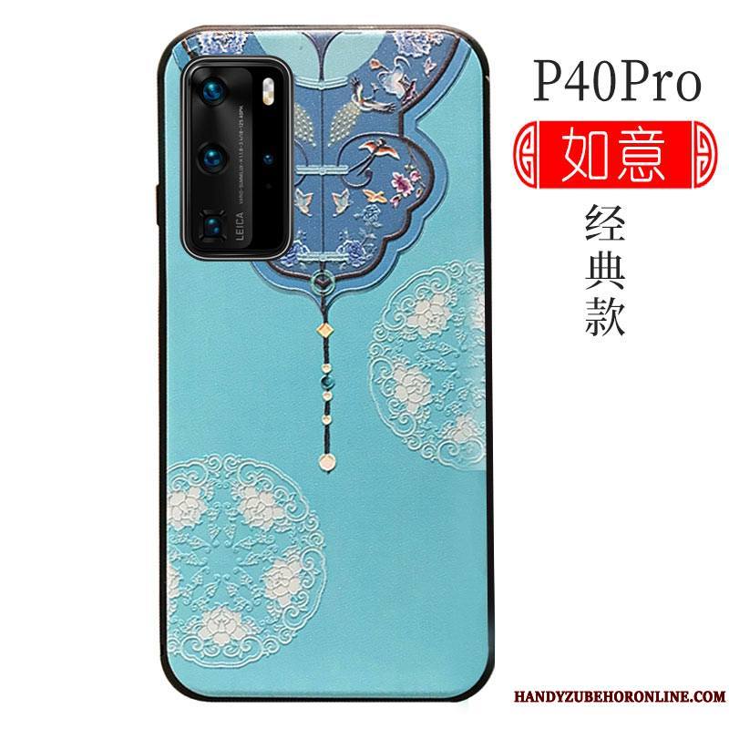 Huawei P40 Pro Tendance Support Fluide Doux Bleu Coque De Téléphone Net Rouge Style Chinois