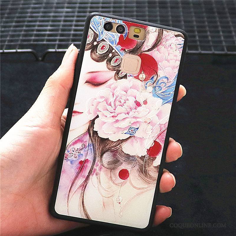 Huawei P9 Plus Créatif Délavé En Daim Coque De Téléphone Rose Hua Dan Style Chinois Incassable