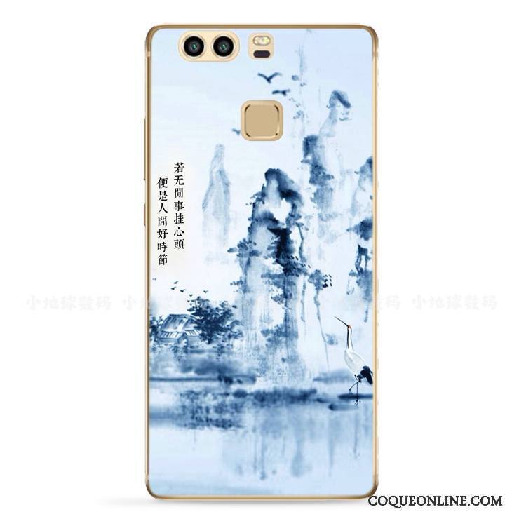 Huawei P9 Plus Encre Fluide Doux Bleu Clair Protection Style Chinois Coque De Téléphone Tendance