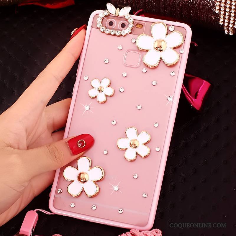 Huawei P9 Rose Protection Étui Coque De Téléphone Strass Silicone Ornements Suspendus