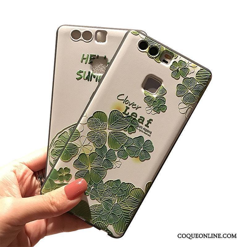 Huawei P9 Silicone Coque De Téléphone Noir Gaufrage Support Vert Délavé En Daim