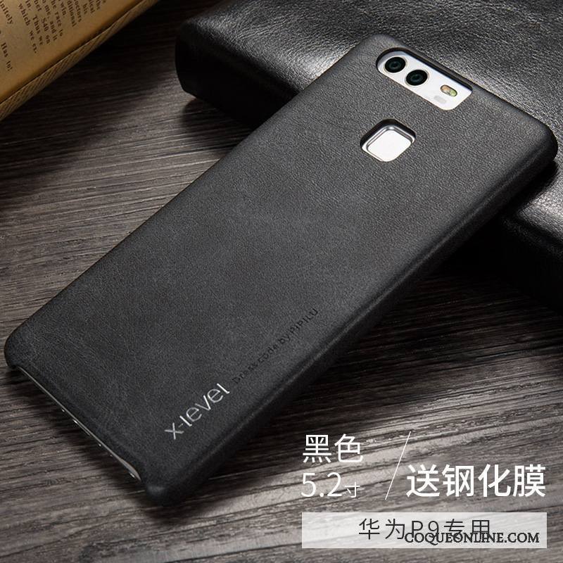 Huawei P9 Tendance Coque Protection Cuir Véritable Étui Noir De Téléphone