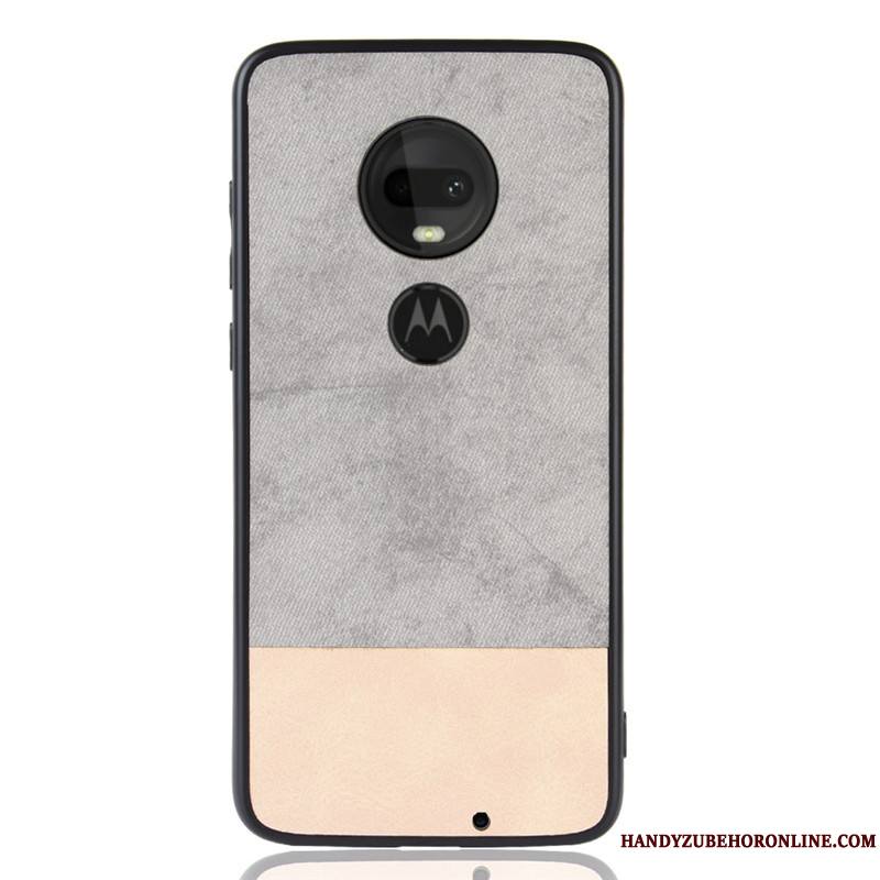 Moto G7 Plus Cuir Étui Tendance Gris Coque De Téléphone Couture Couleurs