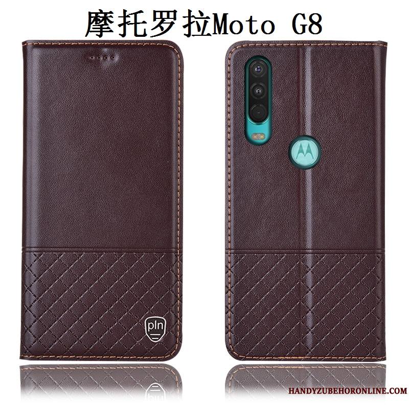 Moto G8 Coque De Téléphone Marron Incassable Étui Cuir Véritable Tout Compris Protection