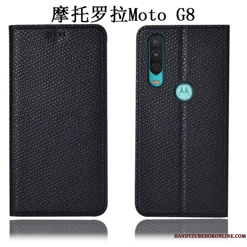 Moto G8 Cuir Véritable Incassable Mesh Modèle Fleurie Noir Étui En Cuir Coque De Téléphone