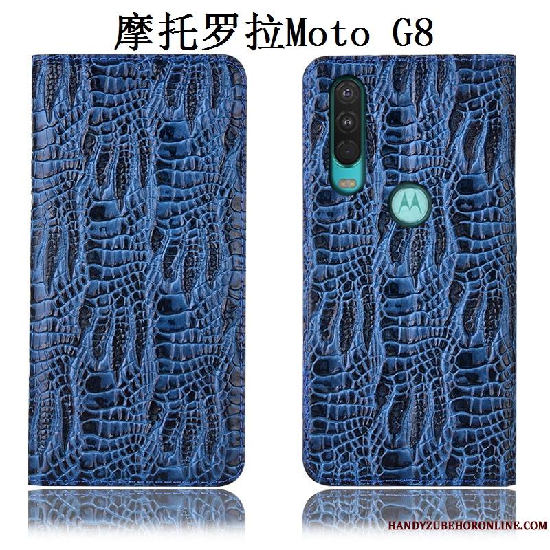 Moto G8 Incassable Bleu Cuir Véritable Coque De Téléphone Étui Protection Tout Compris