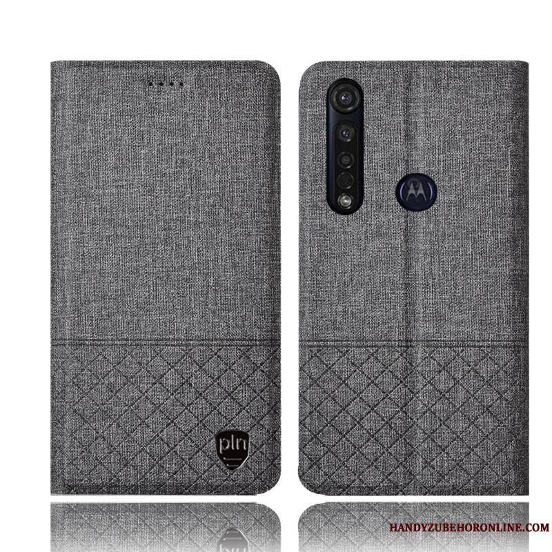 Moto G8 Plus Lin Housse Étui En Cuir Coque De Téléphone Tout Compris Protection Gris