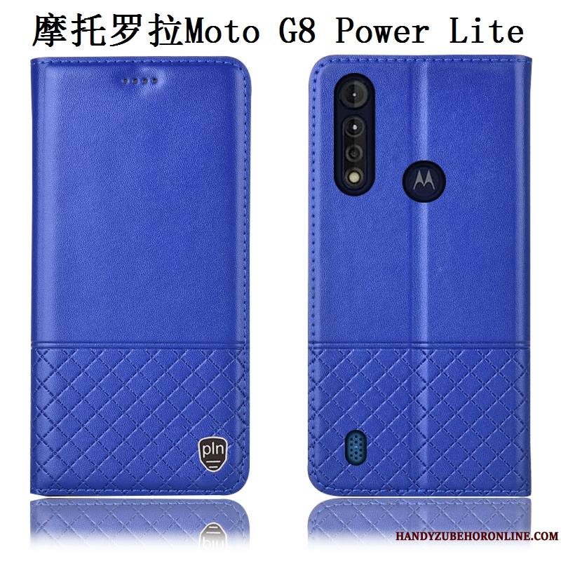 Moto G8 Power Lite Cuir Véritable Bleu Étui En Cuir Coque De Téléphone Incassable