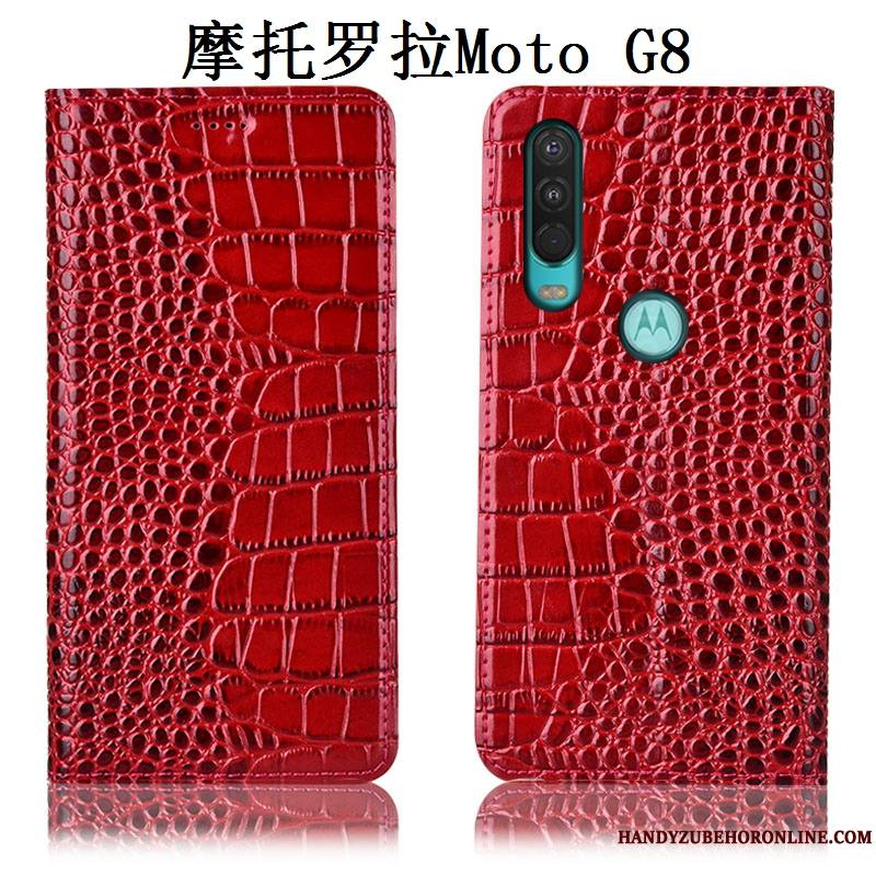 Moto G8 Protection Étui Tout Compris Cuir Véritable Coque De Téléphone Incassable Rouge