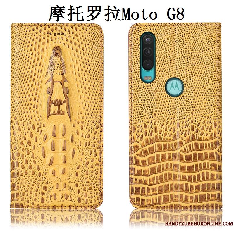 Moto G8 Étui Coque De Téléphone Tout Compris Incassable Jaune Protection Cuir Véritable