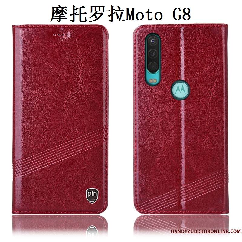 Moto G8 Étui Rouge Cuir Véritable Tout Compris Protection Coque De Téléphone Incassable