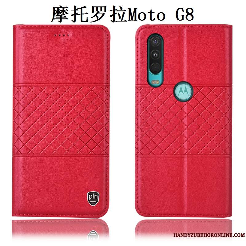 Moto G8 Étui Tout Compris Rouge Incassable Coque De Téléphone Protection Cuir Véritable